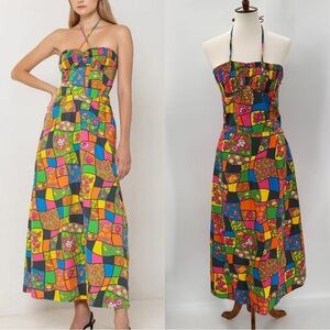 S/W/F SWF Tie Up Sweetheart Retro Patchwork Cotton Midi Dress Large